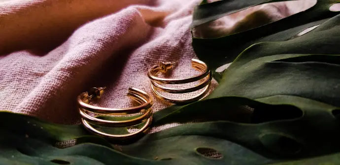 a couple of rings sitting on top of a green leaf